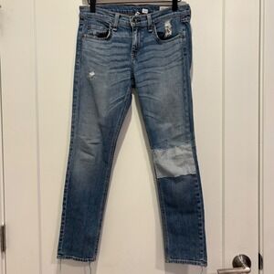 Rag & Bone JEAN Tomboy Distressed Striped Patch Straight Leg Jeans Blue Size 26